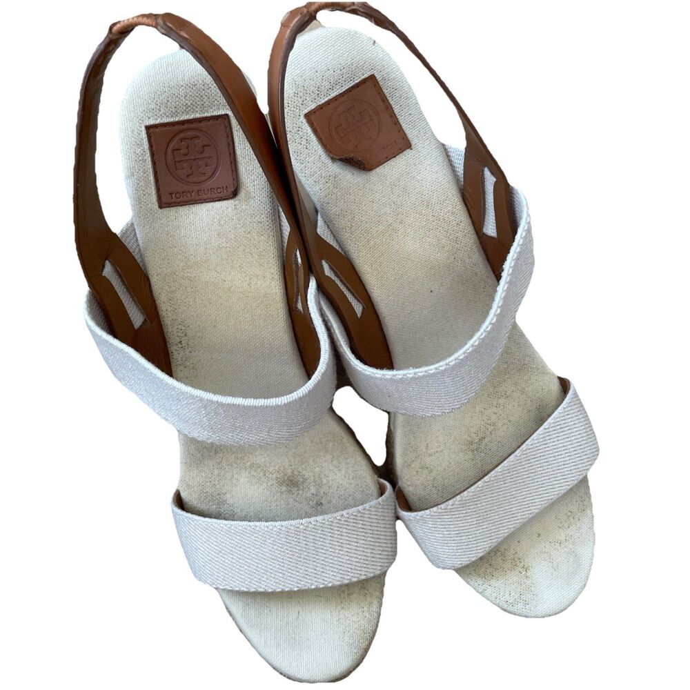 Tory Burch Sandals 9.5 Espadrille‎ Slingback Cream Brown Canvas Casual Wedges - Picture 3 of 11